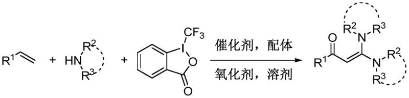 General reaction scheme for one-step synthesis of ketene ketals from olefins, amines, and Togni reagent