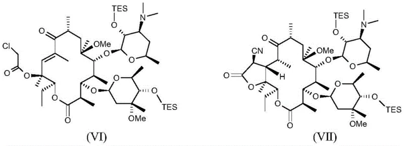 Reaction mechanism converting Formula VI to Formula VII via cyanation with trimethylsilyl cyanide