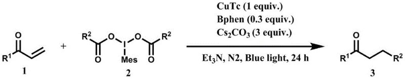 General reaction scheme showing the coupling of alpha,beta-unsaturated enone with hypervalent iodine reagent to form ketone product