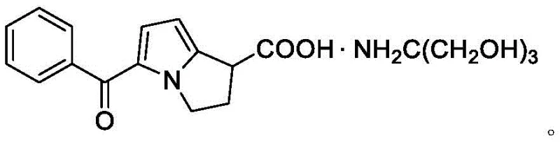 Chemical structure of Ketorolac tromethamine showing the pyrrolizine core and carboxylic acid moiety