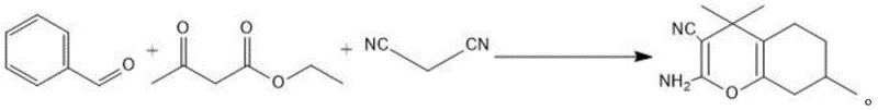 Reaction scheme showing the synthesis of 2-amino-3-cyano-4H-pyran from benzaldehyde, malononitrile, and ethyl acetoacetate catalyzed by KIT-6 supported ionic liquid