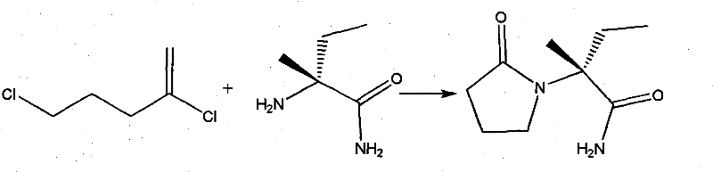 Reaction scheme showing the cyclization of 4-chlorobutanoylchloride and L-2-amino-butanamide to form Levetiracetam