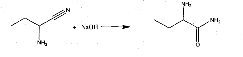 Chemical equation depicting the alkaline hydrolysis of 2-aminobutyronitrile to 2-amino-butanamide