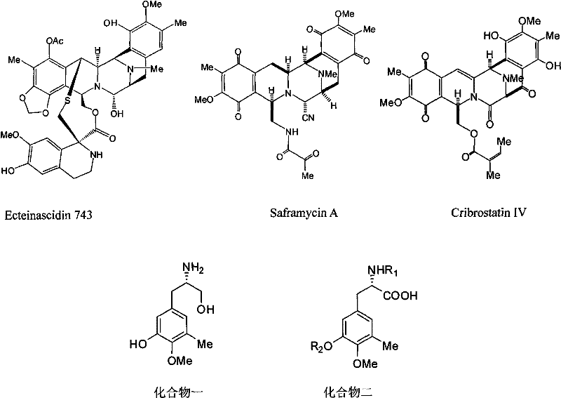 Chemical structures of Ecteinascidin 743, Saframycin A, Cribrostatin IV and key intermediates Compound 1 and 2
