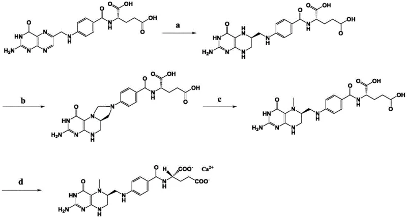 Four-step synthesis route of L-5-methyltetrahydrofolic acid calcium involving asymmetric hydrogenation, methylation, reduction, and salt formation