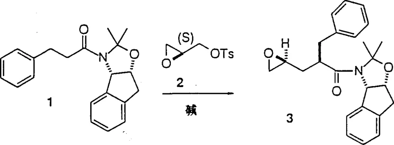 Core reaction mechanism showing amide 1 reacting with glycidyl tosylate 2 to form epoxide intermediate 3