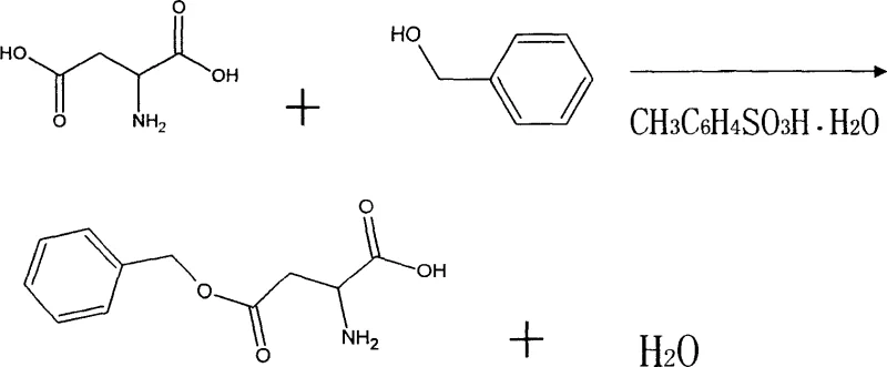 Reaction scheme showing L-Aspartic Acid and Benzyl Alcohol reacting with p-Toluenesulfonic Acid catalyst to form L-Aspartic Acid-beta-Benzyl Ester