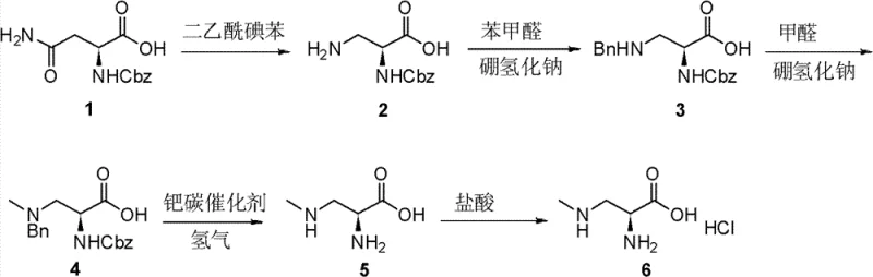 Complete five-step synthetic route for L-BMAA hydrochloride showing reagents and intermediates