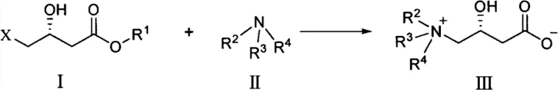 Reaction scheme showing quaternary ammoniation of compound I with amine II to form L-carnitine III
