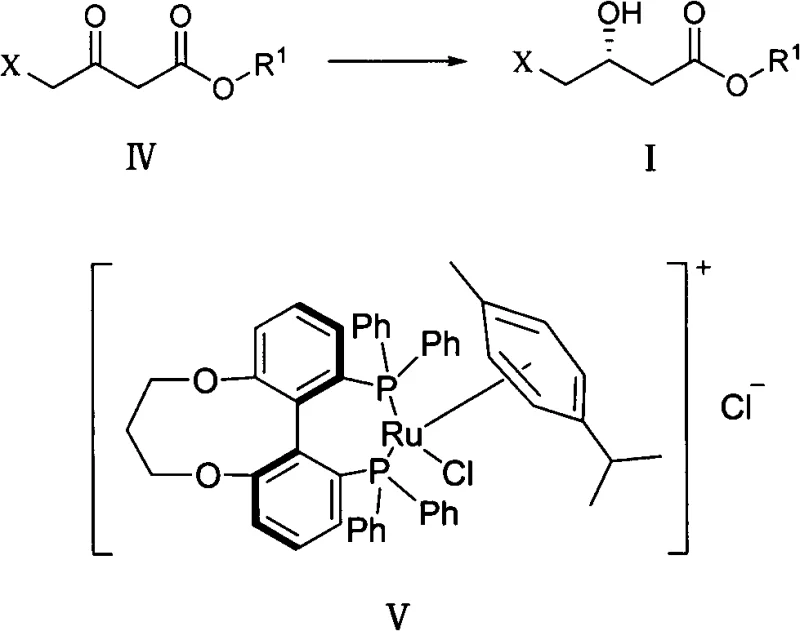 Reaction scheme showing asymmetric hydrogenation of compound IV to I using Ruthenium catalyst V