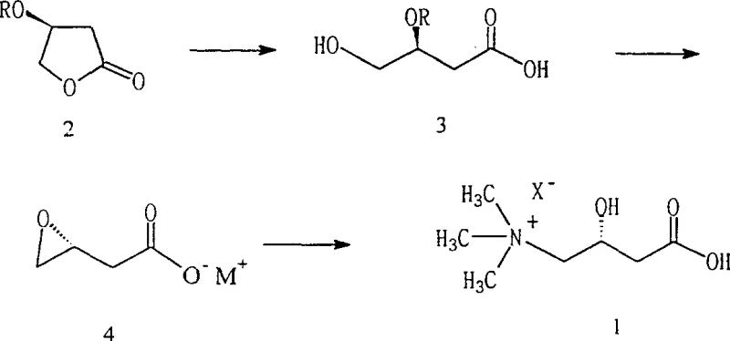 Overall reaction scheme showing the conversion of activated lactone to L-carnitine via ring opening and epoxidation