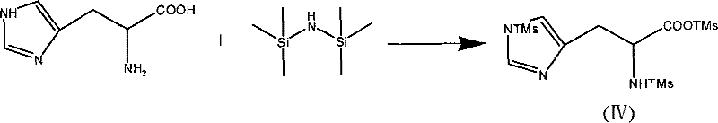 Reaction scheme showing the silylation of L-Histidine with hexamethyldisilazane to form the protected intermediate (IV)