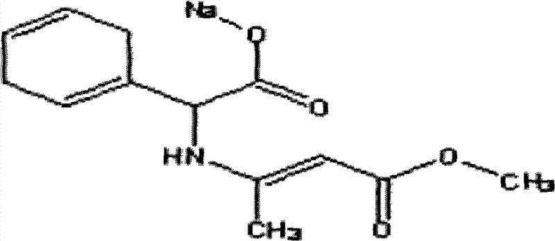 Chemical structure of L-dihydrophenyl glycine sodium salt showing the sodium carboxylate and enamine functionality