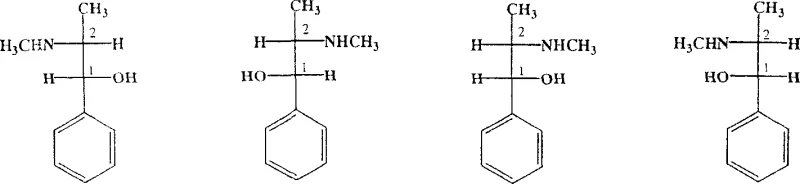 Stereoisomers of ephedrine and pseudoephedrine showing chiral centers