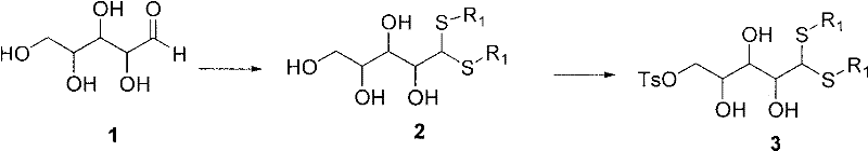 Novel synthesis route starting from L-arabinose with long-chain thiol protection