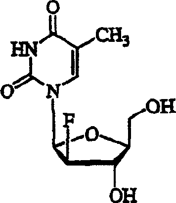 Chemical structure of L-FMAU showing the 2'-deoxy-2'-fluoro-beta-L-arabinofuranosyl moiety attached to thymine