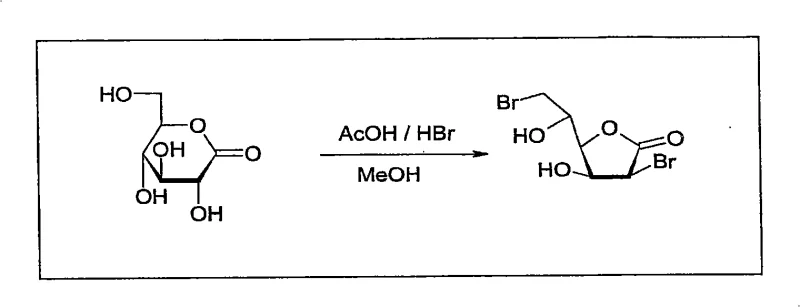 Chemical reaction scheme showing the conversion of D-glucono-1,5-lactone to 2,6-dibromo-2,6-dideoxy-D-mannono-1,4-lactone using AcOH and HBr