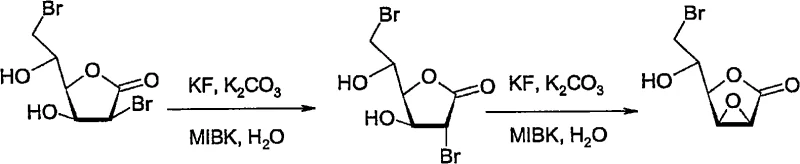 Reaction pathway converting dibromo lactone to epoxide and finally to L-gluconic acid salt using KF and base