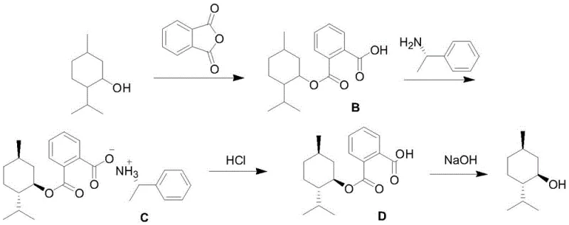 Chiral resolution pathway converting D,L-menthol to L-menthol via phthalic anhydride esterification and amine salt formation