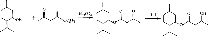 Reaction scheme showing the two-step synthesis of L-menthyl 3-hydroxybutyrate via base-catalyzed transesterification and borohydride reduction