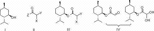 General reaction scheme showing the conversion of L-menthol (I) to L-menthyl glyoxylate (IV) via haloacetate intermediate (III)