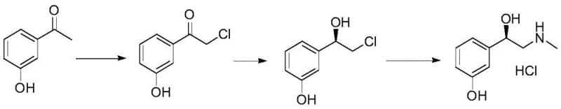 Overall reaction scheme showing the three-step synthesis from acetophenone to L-phenylephrine hydrochloride