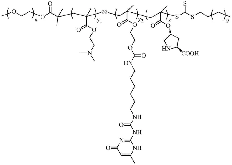 Chemical structure of the water-soluble copolymer immobilized L-proline catalyst showing mPEG, DMAEMA, UPy, and Proline blocks