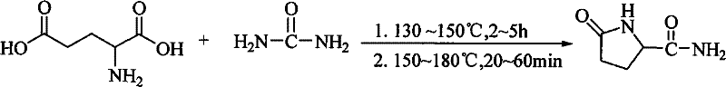 Reaction equation showing L-glutamic acid and urea converting to L-pyroglutamine under heat