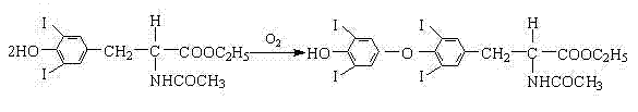 Chemical reaction scheme showing the oxidative coupling of N-acetyl-3,5-diiodo-L-tyrosine ethyl ester to N-acetyl-L-thyroxine ethyl ester using manganese catalyst