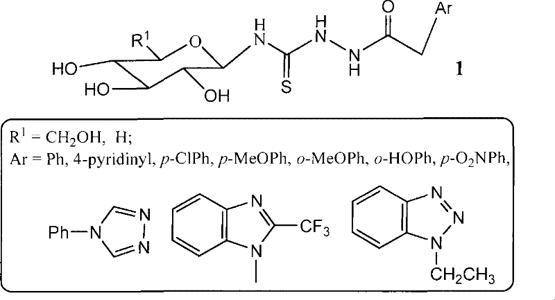 General chemical structure of lactosyl thiourea heterocyclic compounds showing variable heterocyclic bases and lactose moiety