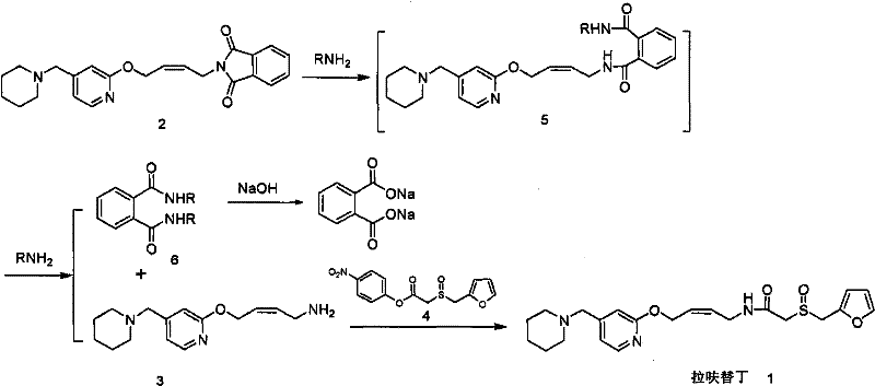Detailed reaction mechanism showing the conversion of Formula 2 to Formula 5 and finally to Formula 3 via aminolysis