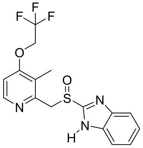 Chemical structure of Lansoprazole showing the pyridine and benzimidazole moieties linked by a sulfinyl group