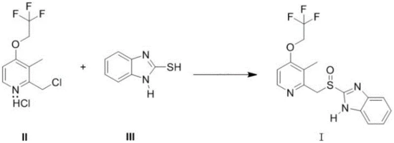 Reaction scheme showing the condensation of 2-mercaptobenzimidazole and chloromethyl pyridine derivative to form Lansoprazole