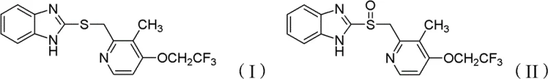 Chemical reaction scheme showing the oxidation of Lansoprazole precursor thioether (Formula I) to Lansoprazole (Formula II) using a composite metal oxide catalyst and hydrogen peroxide.
