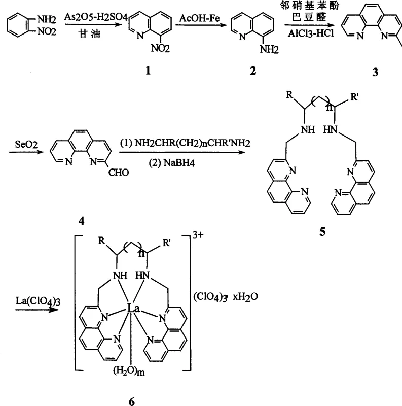 Complete synthesis route from o-nitroaniline to Lanthanum complex showing Skraup reaction, oxidation, and coordination steps