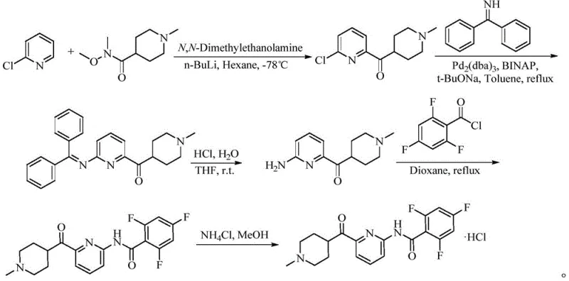 Conventional synthetic route utilizing hazardous lithiation and low-yield steps