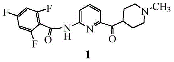 Chemical structure of Lasmiditan (Formula 1) showing the trifluorobenzamide and pyridine-piperidine moieties