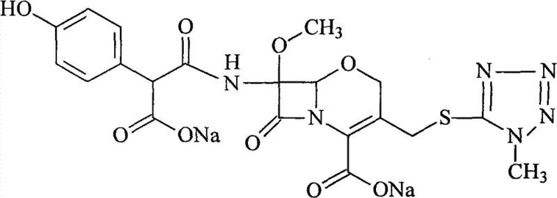 Chemical structure of Latamoxef Sodium showing the oxacephem core and side chains targeted during purification