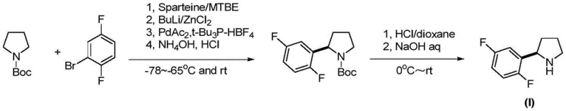 Prior art synthesis route showing complex organometallic steps and harsh conditions