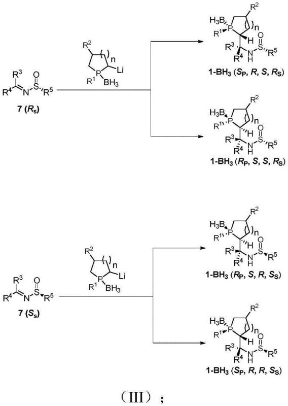 Reaction scheme III showing the addition of lithiated phosphine to sulfinylimine to form the catalyst borane complex