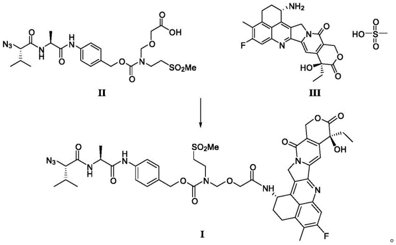 Core amide condensation reaction mechanism between Intermediate II and Exatecan mesylate to form Compound I