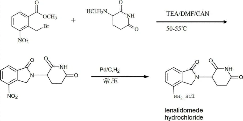 Reaction scheme showing the condensation of 3-aminopiperidine-2,6-dione hydrochloride with 2-halomethyl-3-nitro-methyl benzoate followed by Pd/C catalyzed hydrogenation to form Lenalidomide