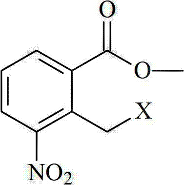 Chemical structure of 2-halomethyl-3-nitro-methyl benzoate showing the reactive halomethyl and nitro functional groups