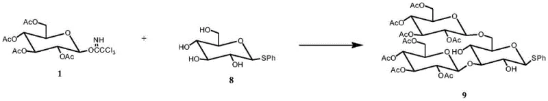 Preparation of trisaccharide donor 9 using phenylthioglucose acceptor