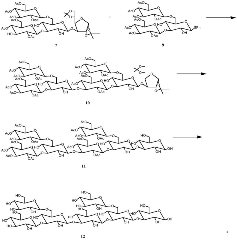 Final coupling of tetrasaccharide acceptor and trisaccharide donor to form heptasaccharide 12