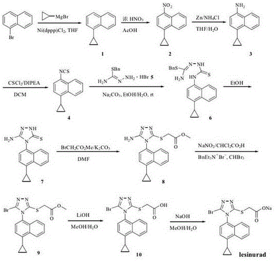 Prior art reaction scheme showing complex synthesis with toxic reagents like thiophosgene