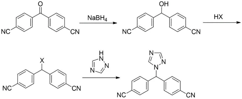 Conventional Route 6 synthesis of letrozole via benzophenone reduction and halogenation