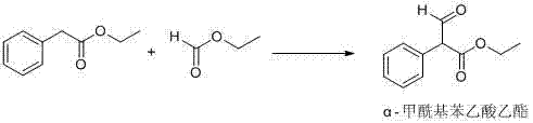 Core reaction route showing condensation of ethyl phenylacetate and ethyl formate to alpha-formyl phenylacetic acid ethyl ester