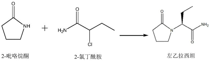 Reaction scheme showing the synthesis of Levetiracetam from 2-pyrrolidone and 2-chlorobutanamide catalyzed by chiral phosphoric acid