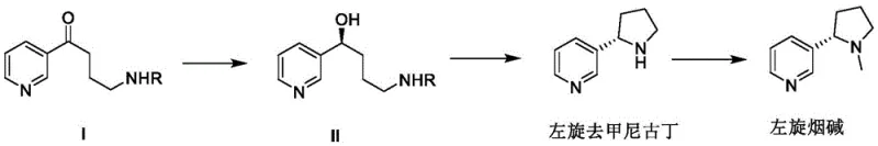 General reaction scheme showing the three-step synthesis from ketone precursor to levo-nicotine